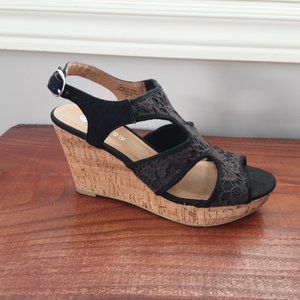 Harlow Black Wedges Sandals | Cork Heels, Lace / Canvas Uppers | Size 7
